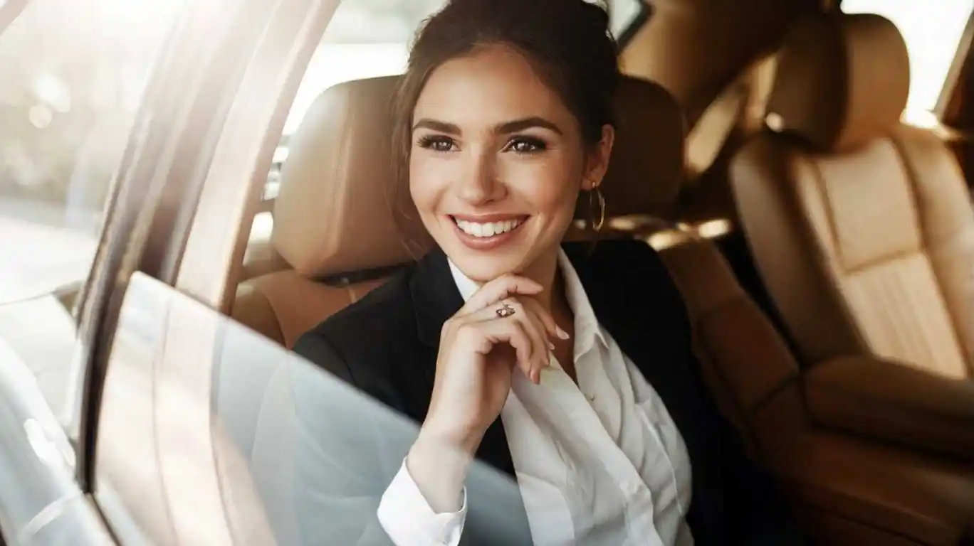 Woman-enjoying-chauffeur-service-backseat-limo Smiling businesswoman sitting in the back seat of a luxury limousine in San Diego